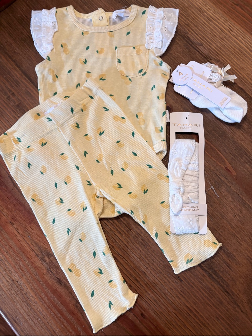 NWT Tahari Baby Girl 4 Piece Lemon Onesie Pants Socks Headband 3-6 Months Gift